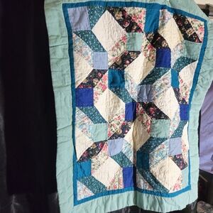 Handmade Patchwork Quilted Pillow Cases with Blue and Green,rose Flower Accents